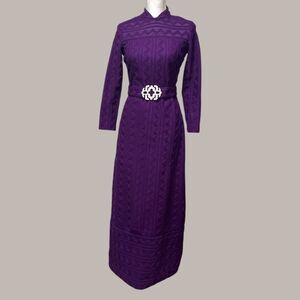 Vintage 60s 70s Purple Textured Knit Maxi Dress Mod Belt Talon Zip XS S